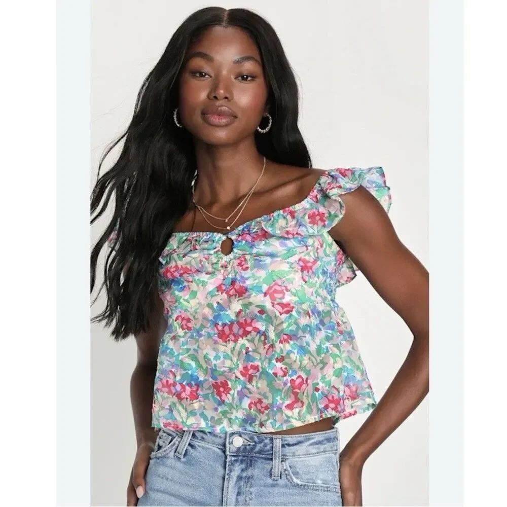Lulus Bright Impression Teal Multi Floral Ruffle Off Shoulder Crop Top NWT Large